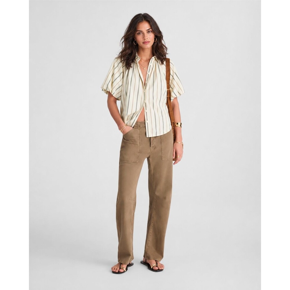 MADEWELL Women's New L Top Striped Shirred Bubble Sleeve Button Up Shirt NW060